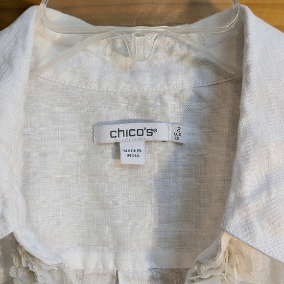 Chico’s White Floral Applique Ruffle Linen Tunic LS Top Sz 2/US Large Beach Boho - Picture 3 of 10